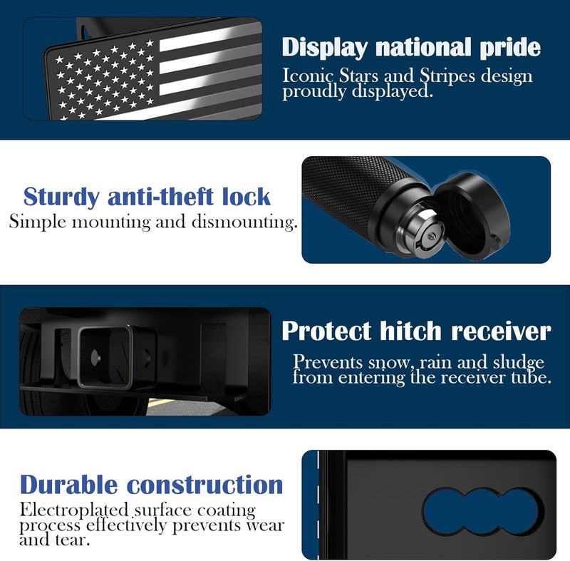 OGYE 2 Inch Trailer Hitch Cover with American Flag, Heavy Metal Trailer Hitch Cover Fit for 2 Inch Hitch Receivers (with 5/8" Pin Dia Anti-Theft Trailer Hitch Lock)-3 * 5" Chrome - Image 3